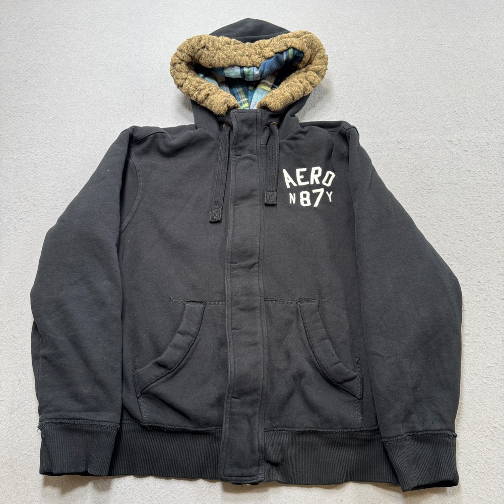 Y2K Aeropostale Hoodie Mens XL Black Plaid Lined Faux Fur Heavyweight Streetwear